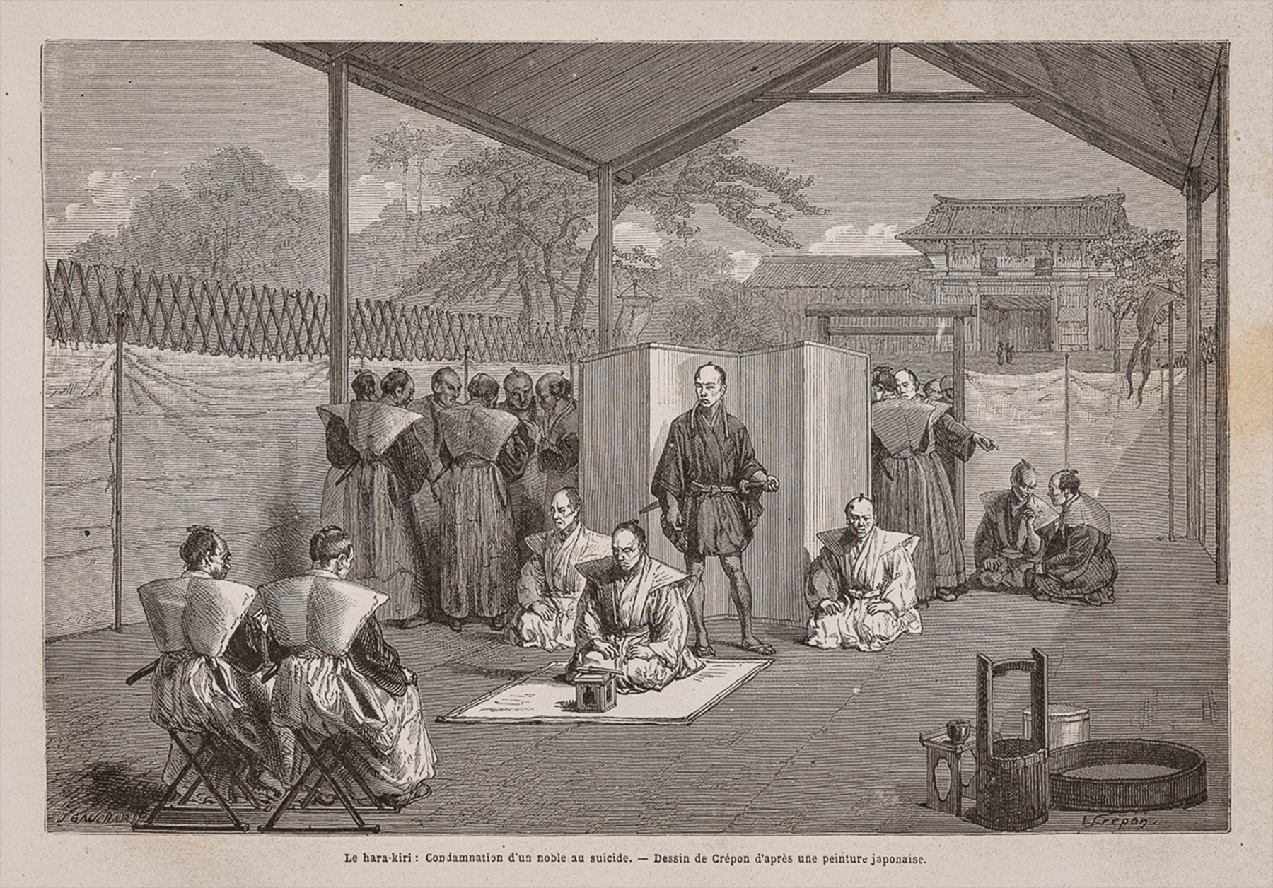 1867 Crépon-illustration av en samuraj som utför seppuku
